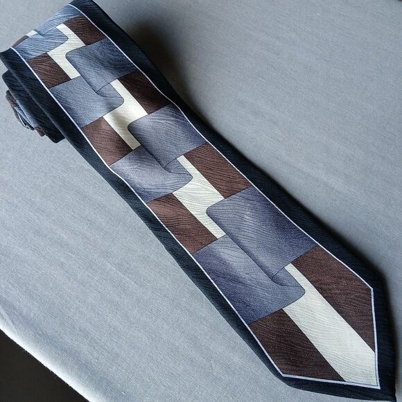 Vintage Y2K Silk Neck Tie geometric grey ribbon brown cream black wood texture - Picture 12 of 14